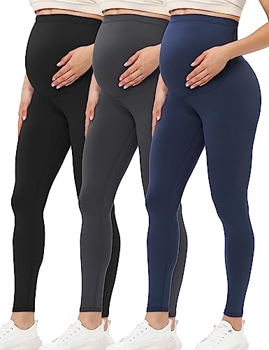 Buttergene 3 Pack Maternity Leggings with Elastic Band - color: 3-3pack Black/Dark Grey/Navy Blue, size: Medium