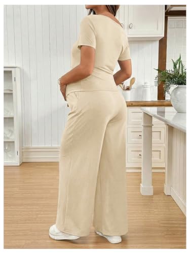 SweatyRocks Women's Maternity Sets 2 Piece Off The Shoulder Top and Pants - color: Beige, size: Large