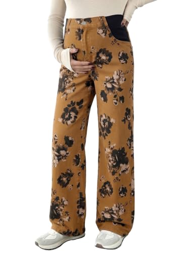BLENCOT Women's Maternity Jeans Fashion Printed Pregnancy Denim Pants - color: Brown Floral, size: Medium