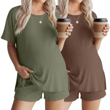 Riyiper 4 Pcs 100% Cotton Maternity Pajamas Sets - color: Army Green, Light Brown, size: X-Large