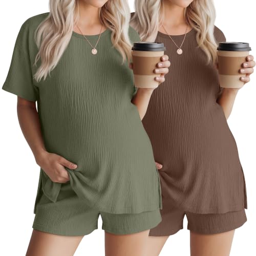 Riyiper 4 Pcs 100% Cotton Maternity Pajamas Sets - color: Army Green, Light Brown, size: X-Large