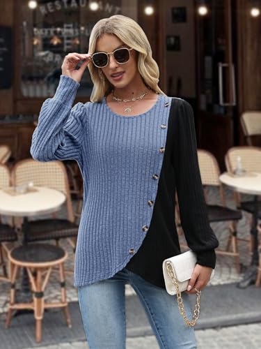 MixShe Womens Knit Sweaters 2026 Fall Winter Casual Long Sleeve Ribbed Colorblock Button Pullover Tops - color: Dusty Blue, size: X-Large
