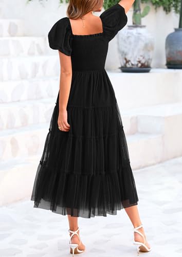 PRETTYGARDEN Women's Summer Smocked Midi Tulle Dress - color: Black, size: X-Large