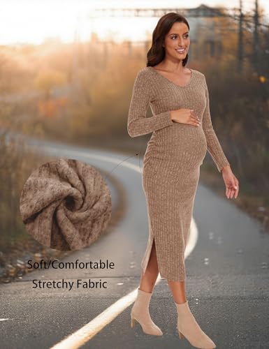 LAHILO Long Sleeve Maternity Sweater Dress for Fall Winter Baby Shower - color: Camel, size: Small