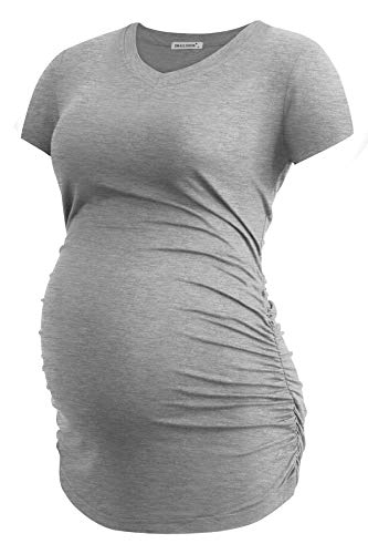Smallshow Women's V Neck Maternity Clothes Tops Side Ruched Pregnancy T Shirt - color: Black-light Grey-white Stripe(3 Pack), size: XX-Large