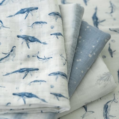 Muslin Swaddle Blankets for Newborn, Cotton Receiving Blanket - color: Blue Ocean Whale
