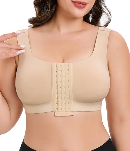 CYDREAM Wireless Front Closure Bra for Women Compression Back Smoothing Post Surgery Bra Adjustable Straps - color: Beige, size: 3X-Large