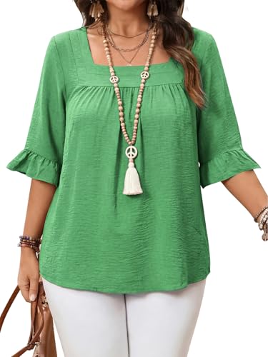 Bulotus Womens Plus Size Tops Square Neck Blouse Boho Top Chiffon 3/4 Sleeve Ruffle Shirt Cute Tunic 2026 Spring Summer - color: Green, size: X-Large Plus