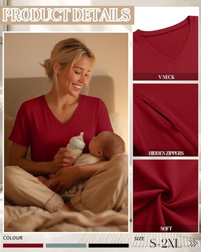 3 Pack Women's Nursing Tops Breastfeeding Shirts - color: Black, Gray Green, Red, size: Large