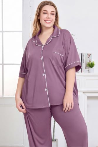 Women Plus Size Button Down Pajamas Long Pants Lounge Sets PJS - color: Hazy Purple, size: 4X-Large