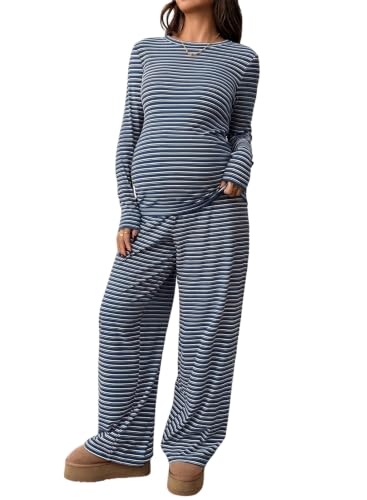 BLENCOT Maternity 2 Piece Outfits Striped Long Sleeve Pregnancy Set - color: Blue, size: Large