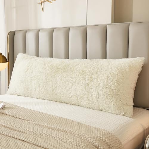 JAUXIO Faux Fur Fluffy Body Pillow Cover Luxury Shaggy Plush Decorative Solid Body Pillowcase, Ultra Soft and Cozy Zipper Closure 21 x 54 Inches, Cream - color: Cream