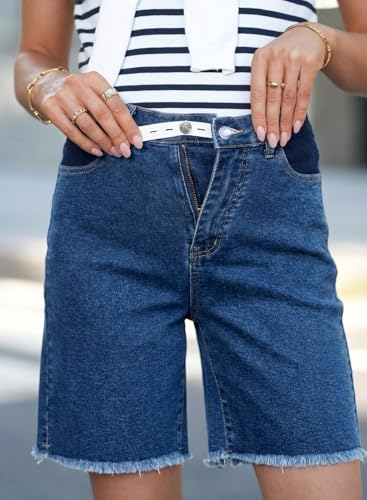 BLENCOT Maternity Jeans Bermuda Shorts Elastic Waist Raw Hem - color: Ashleigh Blue, size: Medium