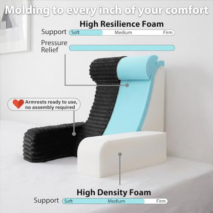 ENITYA 22" XL Back Pillow for Bed Sitting Up with Armrests & Big Pockets - color: Black, size: XL(5'3"-5'11")