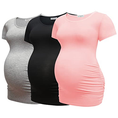 Bearsland Womens Maternity Tshirt 3 Packs Classic Side Ruched Tee Top Mama Pregnancy Clothes - color: Black+lightgray+pink(3pcs), size: Large