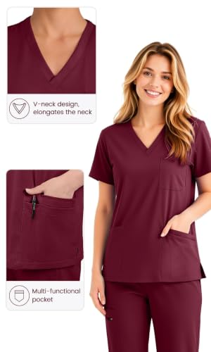 Scrubs for Women Set, V-Neck Top & Jogger Pants - color: Burgundy, size: Medium
