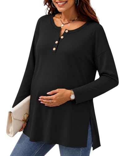 Ficerd Women Maternity Shirt Pregnant Long Sleeve Henley Top - color: Black, size: Large