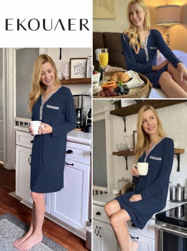 Ekouaer Women's Nightgowns Long Sleeve Button Down V Neck Pajama Dress - color: Navy Blue, size: Small