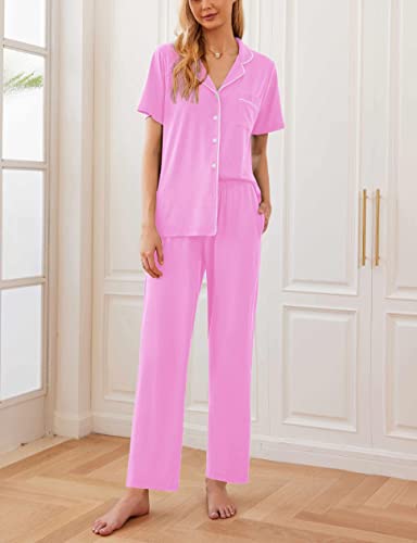 Ekouaer Womens Pajamas Set Short Sleeve Button Down Top & Pants Lounge Pjs - color: Rose, size: Medium