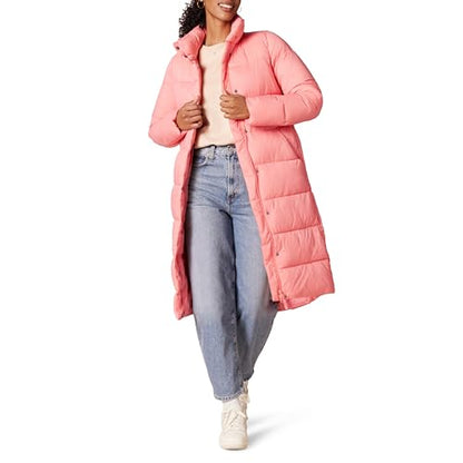 Amazon Essentials Women's Lightweight Full-Zip Water-Resistant Long Cocoon Puffer Winter Coat, Stand Collar, Insulated - color: Pink, size: Small