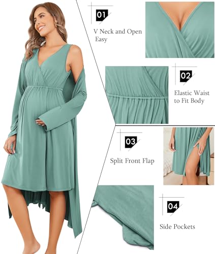 Ekouaer Maternity Nursing Gown and Robe Set Labor Delivery Nightgowns - color: Celadon Green, size: X-Large