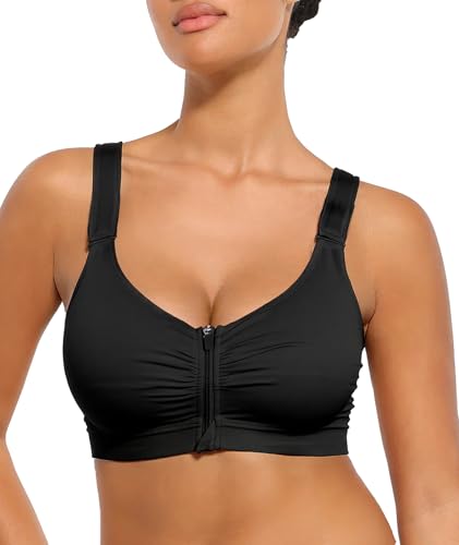 Zip Front Closure Everyday Bra for Women Post Surgery Compression Bras with Adjustable Straps Wirefree - color: Black, size: XX-Large