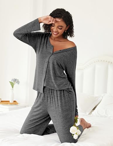 Ekouaer Womens Pajama Sets Button Up Long Sleeve Lounge Set Soft V Neck Pj - color: Flower Grey, size: Medium