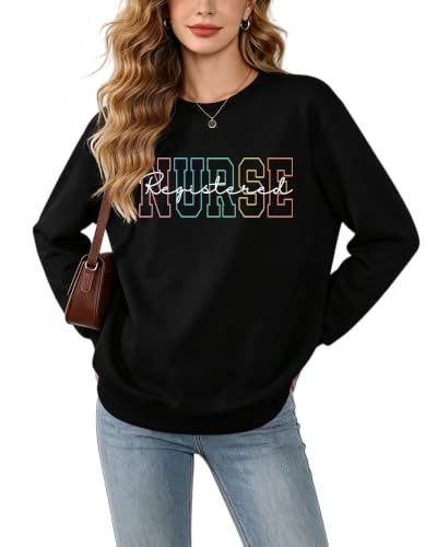 Registered Nurse Sweatshirt Women RN Nurse Long Sleeve Graphic Shirts - color: Black, size: Medium