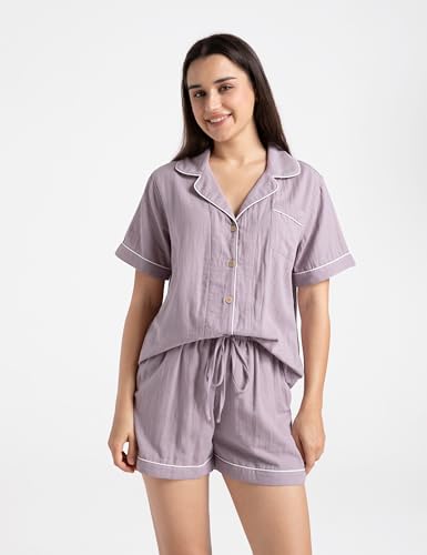 Womens Muslin Pajama Sets 100% Cotton Double Gauze Linen Like Short Pjs - color: Purple, size: Medium