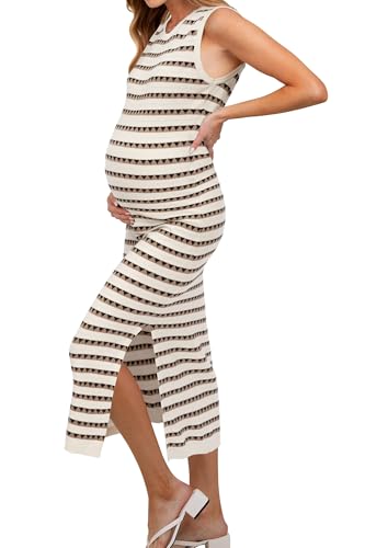 OUGES Women's Sleeveless Striped Bodycon Sweater Maternity Midi Dress - color: Apricot Khaki Striped, size: Large