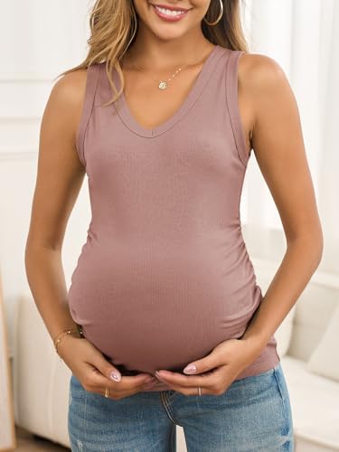 FMEYOA Maternity Tank Tops V Neck Ribbed Knit Sleeveless Maternity Shirts - color: Pink, size: Small