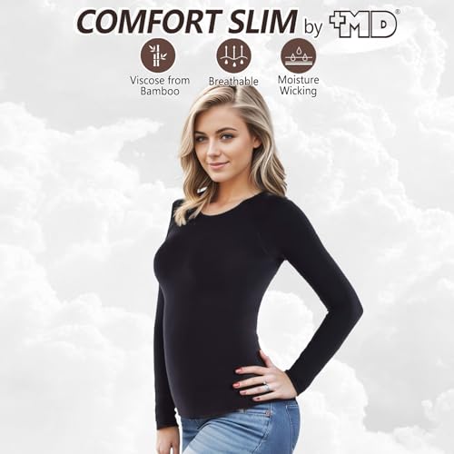 +MD Womens Long Sleeve Undershirts Tops Bamboo Viscose Underscrub - color: Black, size: X-Large