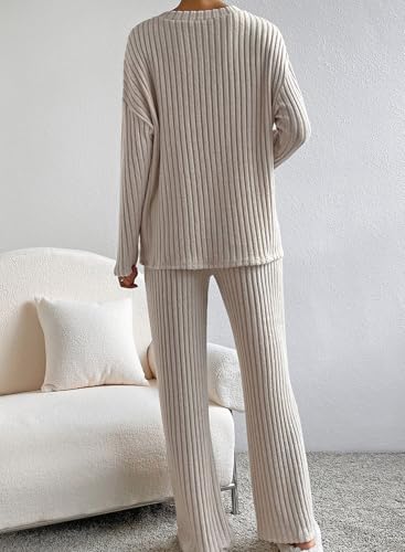SHEWIN Women's Pajama Sets Ribbed Knit 2 Piece Lounge Sets - color: B Khaki, size: XX-Large