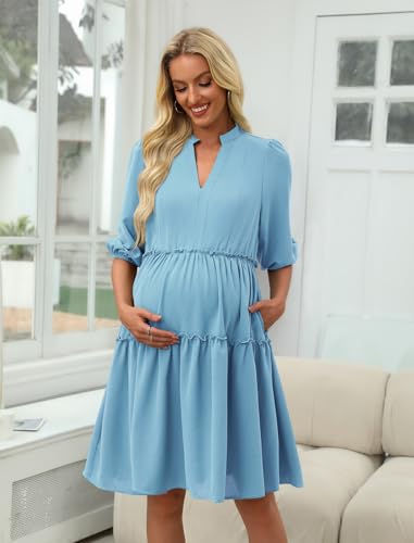 Angashion Women's Maternity Nursing Dress: V-Neck Hidden Zipper Pockets - color: Light Blue, size: Medium