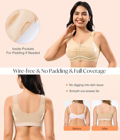 CYDREAM Zip Front Closure Wireless Bras for Women Post Surgery Compression - color: Beige, size: Large