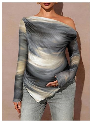 MakeMeChic Women's Maternity Clothes Fall Tie Dye Asymmetrical Blouse Tops - color: Grey, size: Medium