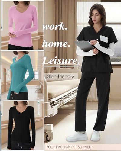 Xaatren 4 Pack Women's Under Scrubs Long Sleeve Shirts - color: Black, White, Lake Green, Pink, size: Large