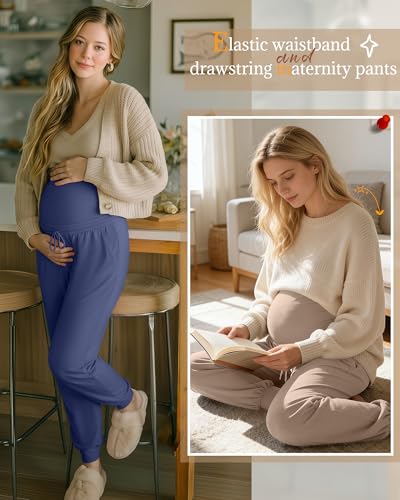 3 Pack Womens Maternity Pants Loose Pregnancy Joggers - color: Khaki, Haze Blue, Black, size: Large