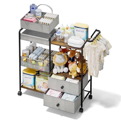 BBLIKE Diaper Caddy Organizer, Baby Storage Cart with Hanging Rack, Gray - color: Grey