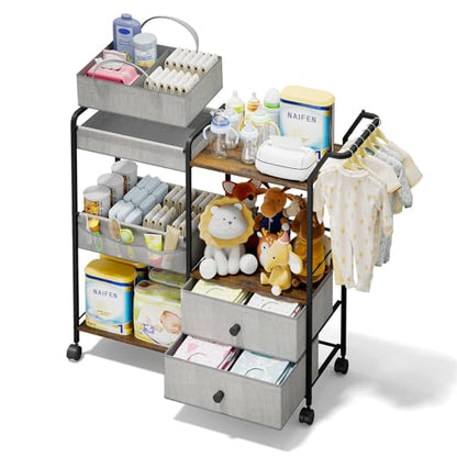 BBLIKE Diaper Caddy Organizer, Baby Storage Cart with Hanging Rack, Gray - color: Grey