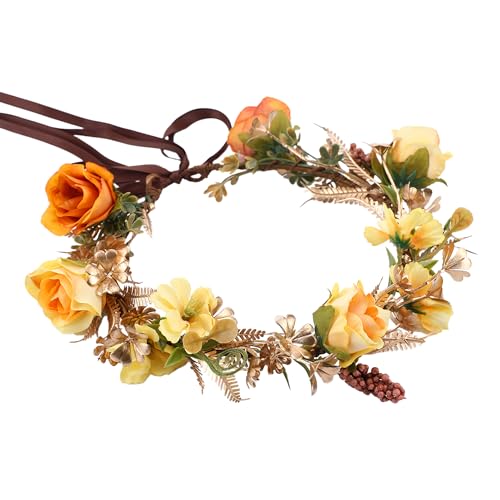 Fairy Rose Flower Crown, Autumn Yellow Flower Headband - color: Orange