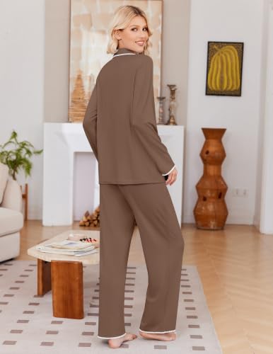 Ekouaer Pajamas for Women Set Long Sleeve Lounge Set Soft Button Down Pjs - color: Brown, size: Medium