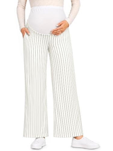 Yousify Womens Maternity Pants Casual Wide Leg Pregnancy Trousers - color: White Striped, size: Small