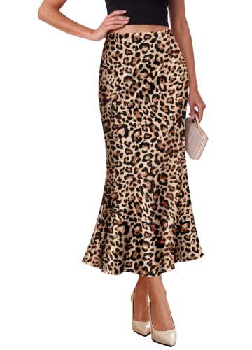 OFEEFAN Stain Skirts for Women Elegant High Waist Cocktail Party Midi Skirt - color: Leopard, size: Medium