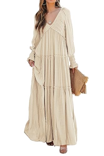 R.Vivimos Long Sleeve V Neck Flowy Maxi Dresses for Women - color: Beige, size: X-Large