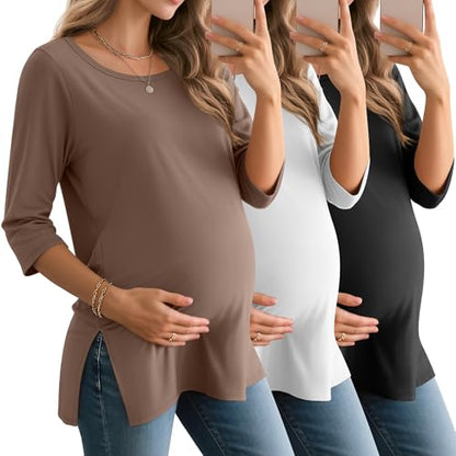 3 Pack Women's 3/4 Sleeve Maternity Loose Crewneck Tops - color: Coffee, White, Black, size: Medium