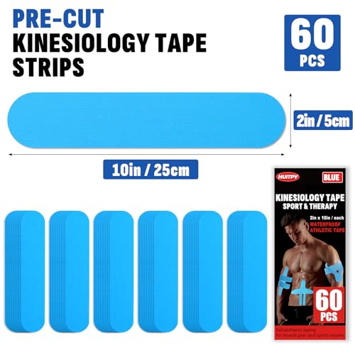 60 Pcs Light Blue Precut Kinesiology Tape Strips, 2in x 10in Kinetic Tape - color: Light Blue