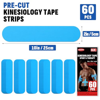 60 Pcs Light Blue Precut Kinesiology Tape Strips, 2in x 10in Kinetic Tape - color: Light Blue