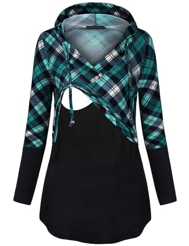 Quinee Women's Long Sleeve Plaid Colorblock Nursing Pullover Hoodie Sweatshirts - color: B Black Blue Plaid, size: X-Large