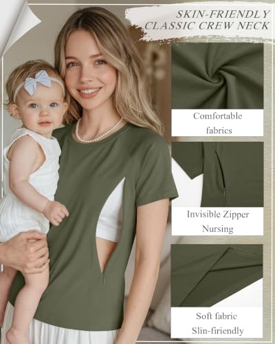 Huukeay 3 Pack Women's Nursing Tops - color: Army Green, Brown, Black, size: Medium